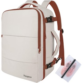 Taygeer Easyjet Cabin Bag 45x36x20 Underseat, Travel Backpack Women, Carry On Backpack for Airplane, Luggage Rucksack for Plane, Hand Luggage Bag, Laptop Rucksack with Separate Shoe Pouch, Khaki White