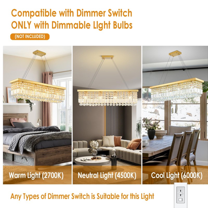 MSSIAN Premium K9 Crystal Chandelier, Gold Classic Rectangular, E12 Base
