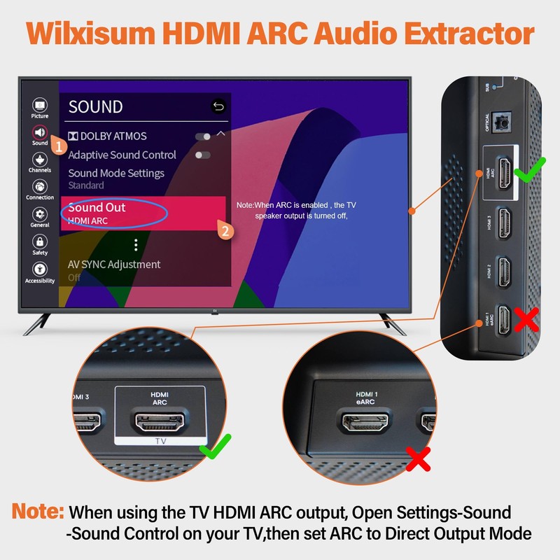 Wilxisum HDMI Arc Audio Extractor, ARC to RCA+Optical+3.5mm+Coaxial Converter/Adapter, RCA,3.5mm