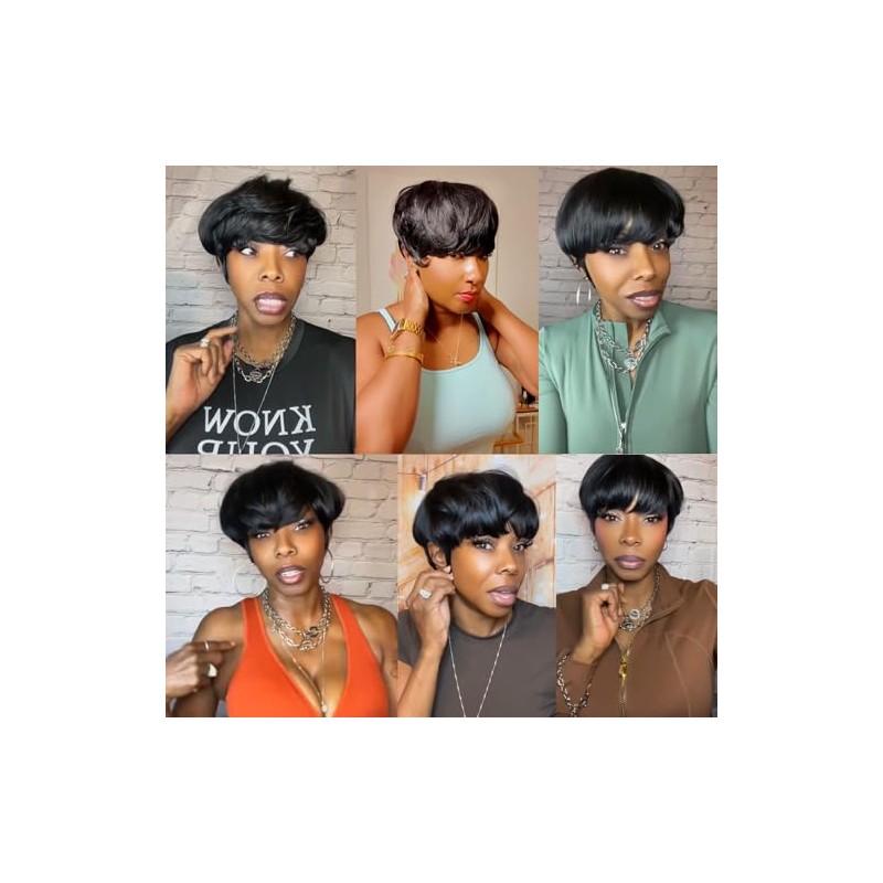 Peluca de cabello humano con corte pixie para mujeres negras,