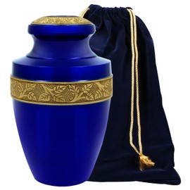 CLEENTABLE Metal Alloy Decorative Urns for Human Ashes - Decorative Memorial Urn for Adult Human Ashes Man & Woman Funeral Urn - Secure Screw-Top Lid, Hold Remains up to 200lbs 11" (Blue & Gold)