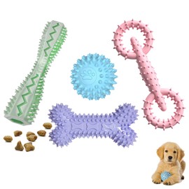 4 Pack Puppy Toys for 2-8 Months Pets Dog Chew Toy for Small Puppies Teething Toys for Cleaning Teeth Food Dispensing Soft Durable Rubber Bone Funny Ball Interactive Donut Treat Dumbbell (Mix Color)
