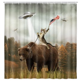 bzwcbei Funny Shower Curtain, Cat Riding Bear in Forest Cabin Hungting UFO Bathroom Shower Curtain Set, Shower Curtains Liner with Hooks, 60x70inches