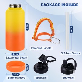 CoolSub Insulated Water Bottle, 32 oz Stainless Steel Wide Mouth Water Bottles with 2 Leak Proof Lid and Paracord Handle, Double Wall Vacuum Insulated Sports Water Bottle, Yellow Orange