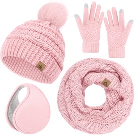 Winter Hat Scarf Gloves and Ear Warmer, Warm Knit Beanie Hat Touch Screen Gloves Set Winter Gifts Neck Scarves for Women