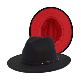 Classic Wide Brim Fedora Hat Two Tone Felt Panama Hat with Belt Buckle for Men and Women, black