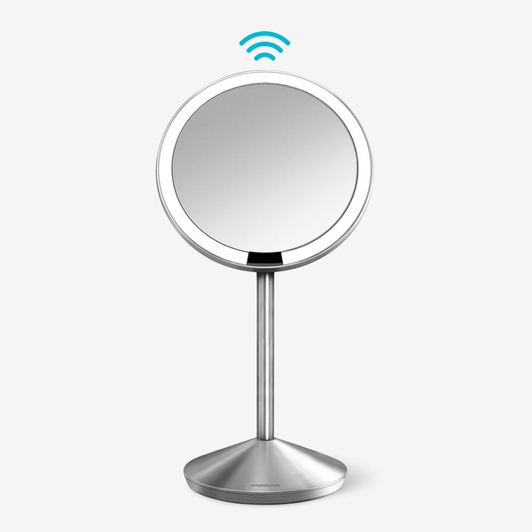 simplehuman Floor Mount 5" Round Rechargeable Mini Travel Sensor Makeup Mirror, 10x Magnification, Brushed Stainless Steel