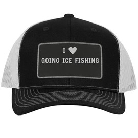 I Heart Love Going Ice Fishing - Leather Black Patch Engraved Trucker Hat, Black-White, One Size
