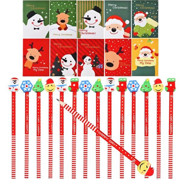 Outus 15 Pieces Pencils with Erasers and 10 Pieces Christmas