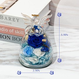 Preserved Blue Roses in Angel Glass dome - Fresh Enternal Flowers with Angel Necklace for Delivery Prime - Glass Rose Flowers with Butterfly LED Light Mothers Day Birthday Gift for Women (Blue)