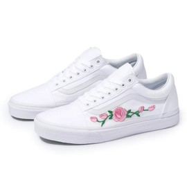 Custom White Old Skool Pink Rose Handmade Shoes By Patch Collection