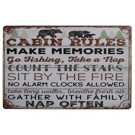 Hioni Cabin Rules, Metal Tin Sign, Vintage Plaque Wall Decor