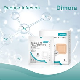 Bordered Silver Silicone Foam Dressing 4"x 4" (2.5"x 2.5" Pad), Ag Absorbent Pad, Adhesive Waterproof for Full and Thick Exuding Wounds, 5 dressings