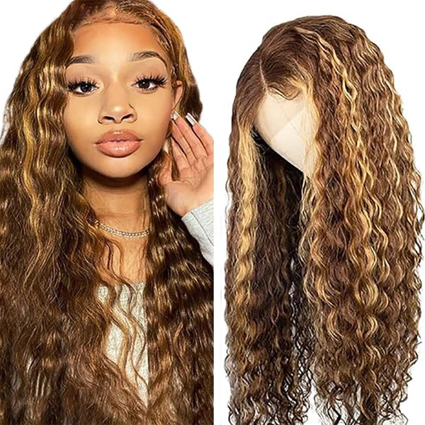 Hxxcoup Women's Real Hair Deep Wave Human Hair Wig Blonde Wigs Lace Frontal Wig Glueless Wig Long Wigs Transparent Swiss Lace Grade 8A 100% Brazilian Remy Hair 22 Inches