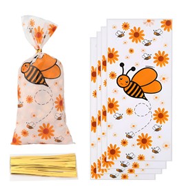 50 Pieces Honey Bee Candy Gift Party Bags, Empty Treat Bags with Ties, Small Candy Gift Bags for Girls and Boys, Birthday Party Gifts, Transparent