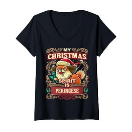 Womens Pekingese My Christmas Spirit Dog Santa Claus Elf Reindeer V-Neck T-Shirt