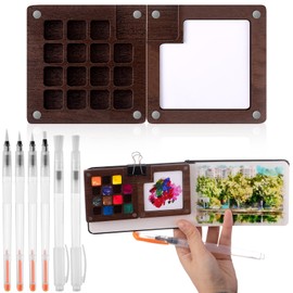 Qilery Mini Portable Watercolor Palette Set Wooden Grid Paint Box, Watercolor Paper Pad Sketch Book Brush Pens with Binder Clips for Painters Artists Students(3.5 x 5.5 Inches)