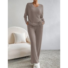 JENJON Women Suit 2 Pieces Tracksuit Long Sleeve V Neck Jersey Comfortable Straight Pants Casual Suit Fall Winter