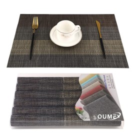 OUME Placemats Set of 6 Dining Table Mats Woven Vinyl PVC Placemats Non-slip Heat-resistant Washable Place Mats (Black Brown)