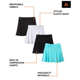 RBX Skorts for Girls - 4 Pack Pleated Athletic Tennis Skirts with Built-in Bike Shorts - Golf Outfits, School Uniform (7-16), Size 7-8, Black Mint White
