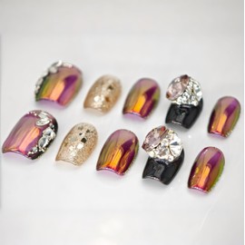 farfarflame Handmade Nail Tip, Short, False Nail Stand, 3D Diamond, Cat Eye Gel, Glossy, Stylish, Cute Design, Autumn, Winter, Party, Pack of 10 (Night Light, XS)