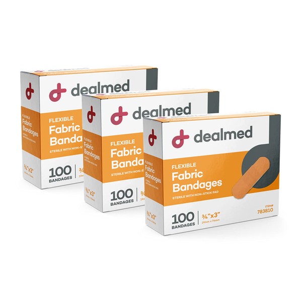 Dealmed Fabric Flexible Adhesive Bandages – 100 Count (3 Pack) Bandages with Non-Stick Pad, Latex Free, Wound Care for First Aid Kit, 3" x 3/4"