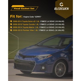 Head Gasket Set 1.8 L, Compatible with 2009-2016 Toyota Corolla, 2008-2014 Toyota Scion xD, 2009-2014 Toyota Matrix, w/Water Pump, Cylinder Head Bolts, MLS Engine Gasket, Timing Chain Kit, HS26515PT