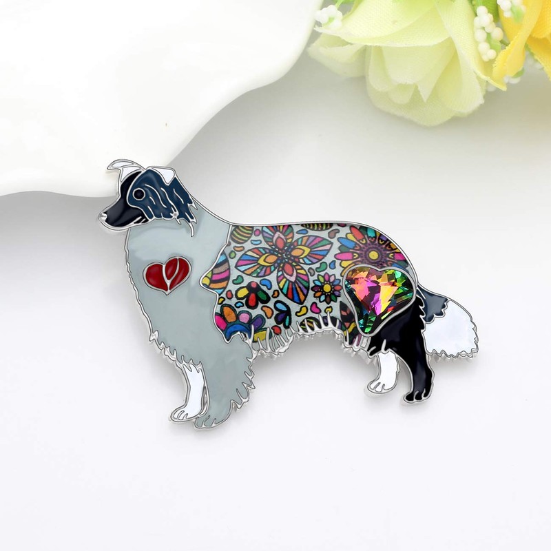 WEVENI Enamel Alloy Rhinestone Border Collie Dog Brooch Pins Jewellery