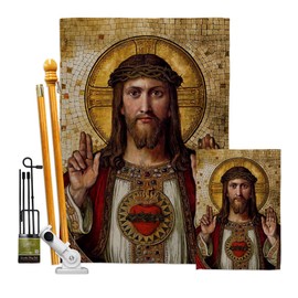Feast of Sacred Heart of Jesus Canvas Kit Stand Pole Wall Hanging Decor Home Porch Garden Stake Post Religious Room Tapestry Faith Fathers Day Cemetery Decorations for Grave Yard Catholic Gifts