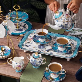 ACMLIFE Porcelain Creamer Set for Coffee Cup Set, 10.6 oz Bone China Cream Set, Vintage Floral Creamer Pitcher with Pour Spout and Handle, Blue and White