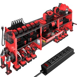 KSVO Large Power Tool Organizer Wall Mount with Drill Rack, Grinder Holder, Hammer & Pliers Rack, Locking Drawers & 6-Outlet Charging Shelf – Heavy Duty Metal Tool Storage for Garage & Workshop