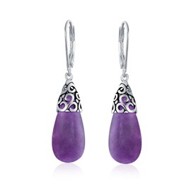 Boho Western Style Green Blue Black Purple Gemstone Long Extended Tear Filigree Lever Back Dangle Earrings for Women .925 Sterling Silver More Birthstones, Sterling Silver, Quartz