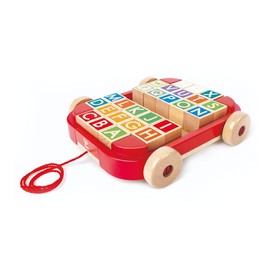 Hape: Pull-Along Cart with Stacking Blocks - Wooden Toy, ABC Letter Blocks, Load Into String Trailer & Take Along, Indoor/Outdoor, Kids Toddler Ages 2+