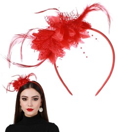 ElevateTech 1920s Feather Fascinators Headband, Queen Flapper Headpiece Vintage Hair Clip for Women Cocktail Wedding Party (Red)
