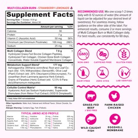 Vitauthority Multi Collagen Burn: Hydrolyzed Protein Peptides with Hyaluronic Acid, Vitamin C, SOD B Dimpless, Types I, II, III, V and X, Caffeine-Free Strawberry Lemonade Flavored 30 Servings