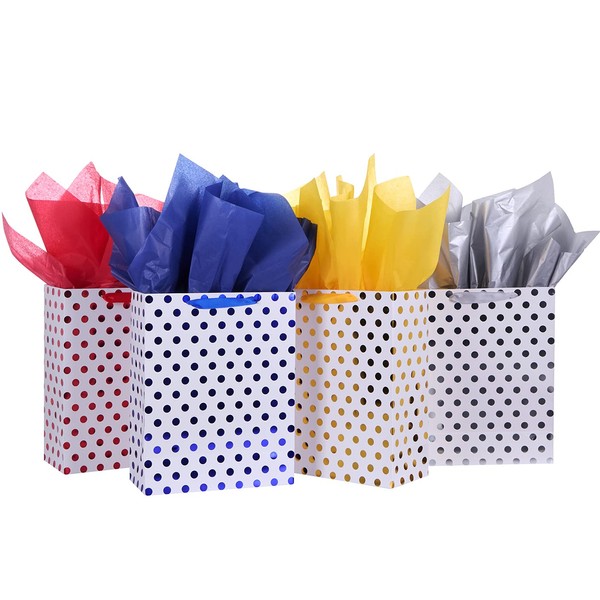 4 Pack 9" Small Paper Gift Bags Polka Dot Party Bags with Handle Assorted Colors