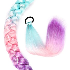 Ponytail Extension 18 inch Light Blue to Pink to Purple Colored Hair Extensions for Braiding Ombre Pony Tail Hair Extensions for Braids with Hair Tie Rave Crazy Hair Day 1 Pack