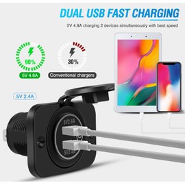 Nilight 2 Pack Quick Charge Socket LED 12V 24V Dual USB Charger 5V 4.8A Car Outlet Panel with ON Off Touch Switch Fused Wire Kit for Cars Trucks Motorcycle RVs Campers