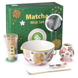 6PCS Matcha Whisk Set, Includes Ceramic & Bamboo Matcha Set Whisk and Bowl, Matcha Whisk Holder, Matcha Scoop and Rest, Fine Mesh Strainers, Ceremonial Hand-Painted Floral Matcha Kit for Lovers