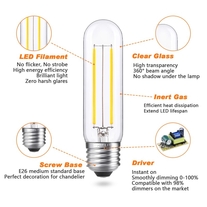 AIELIT Dimmable T10 LED Bulbs, 5000K Daylight T30 LED Tubular