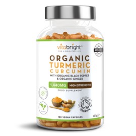 VitaBright High Strength Turmeric & Black Pepper Capsules 1440mg, 180 Caps/3 Months, Organic Turmeric Ginger & Black Pepper Capsules, Turmeric Curcumin Capsules (Not Tablets) VitaBright Tumeric Supplement Joints