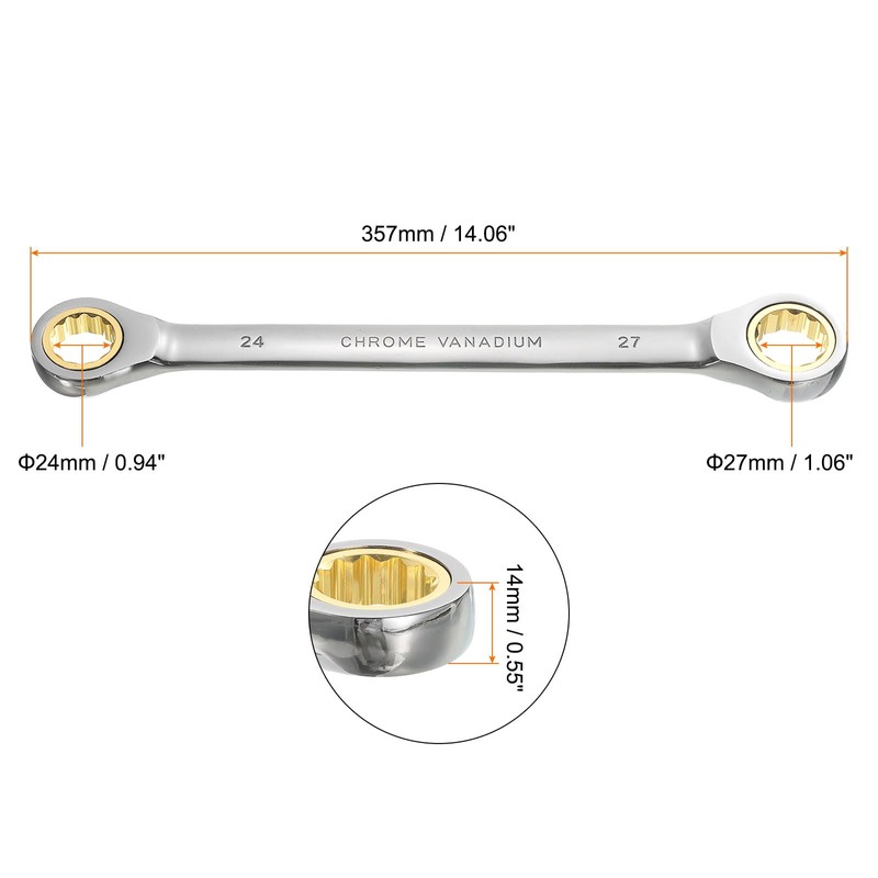 HARFINGTON Double Box End Ratcheting Wrench 24mm x 27mm Metric
