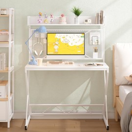 Elephance Small Gaming Desk with Pegboard, 39 Inch Computer Desk with Storage Shelves, Modern Office Desk for Study Work Home Office, Small Spaces, White