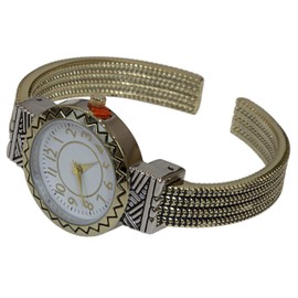 Blekon Collections Metal Western Style Round Face Decorated Women's Bangle Cuff Watch (Two-Tone)