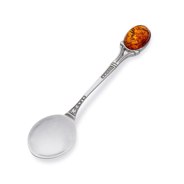 AMBEDORA Small Spoon for Boy or Girl, Sterling Silver Oxidised, Silver Spoon Patras with Amber, Christening Birthday Gift