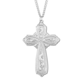 Large Sterling Silver  Rhodium Plated Fancy Polished Cross Pendant Necklace