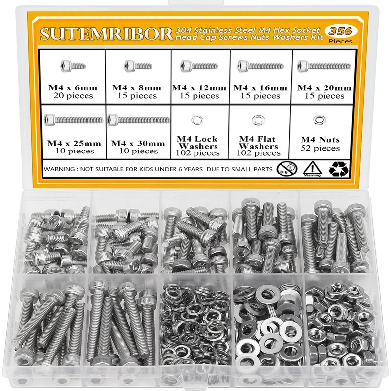 356 Pieces M4 Screws Nuts Washers Set, Sutemribor M4 x