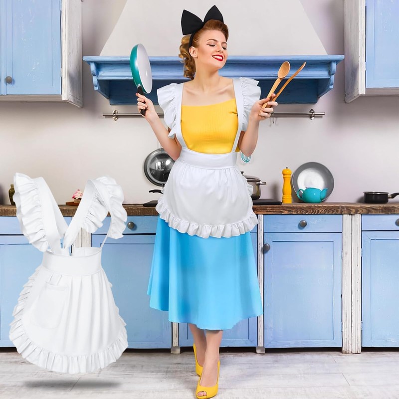 egniFurn Adjustable White Frilly Maid Costume Apron Set With Pocket,