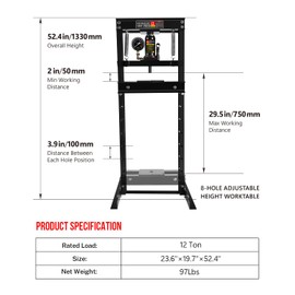 Hydraulic Press, 12 Ton H-Frame Garage Floor Adjustable Shop Press With Stamping Plates & Pressure Gauge To Bend, Straighten, Or Press Parts, Install Bearings And U-Joints