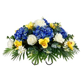 HENOMO Cemetery Saddle Flowers for Headstone,Graves Decorations-Realistic Blue and White Rose Mix Arrangement,Outdoor Outdoor Christmas Tombstone Memorial Decorations, Easy Fit
